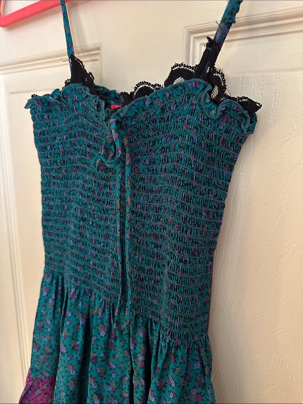 Vintage Y2K Betsey Johnson Teal Floral High-Low Milkmaid Dress with Lace Trim 4 - Picture 3 of 11